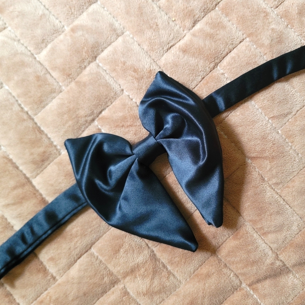 OVERSIZE Handmade Black Satin 100% Silk Big Double Bow Tie Tuxedoe Suit LUXURY